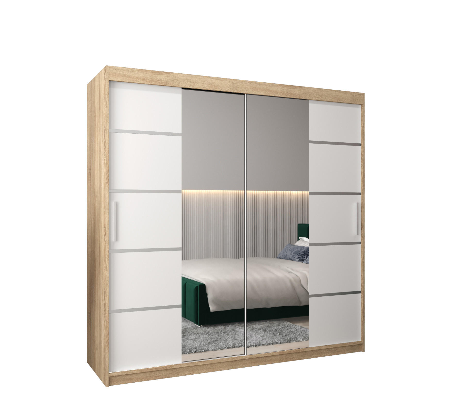 Möbel Kryspol Schwebetürenschrank Sonoma Eiche, Weiß, Silber 200x200x62 cm