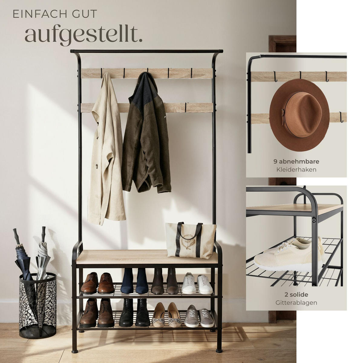 GARDEROBENSTÄNDER Alberta, inklusive Kippschutz, 85,5 x 36 x 184 cm, Industrial Holz hell, Eiche Sonoma - Naturfarben, Textil (36/184/85.5cm) - tectake