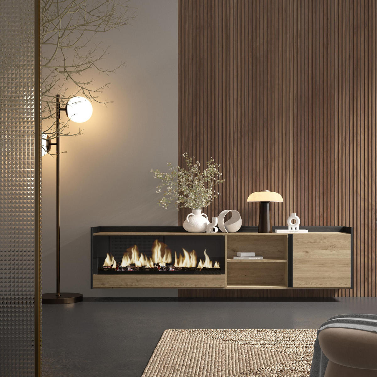 LOWBOARD, Eiche und Schwarz, 212/35/50cm, Kamin mit Feuereffekt XXL - Eichefarben, Holzwerkstoff (212/50/35cm) - Skraut Home