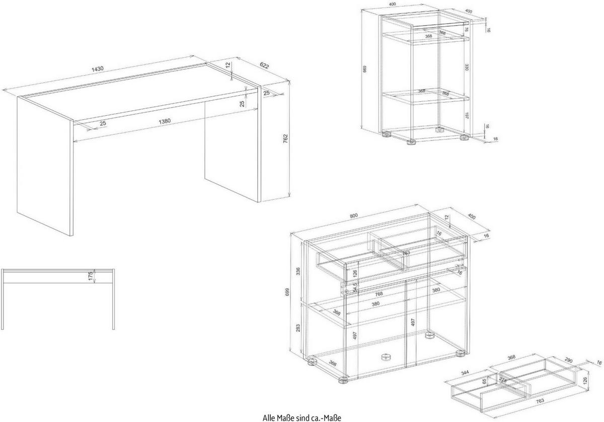 SCHREIBTISCHKOMBINATION 3-teilig grau matt, Eiche Wotan 143 cm, Büromöbel Set mit Aktenregal und Kommode - Eiche Wotan/Schwarz, Holzwerkstoff/Kunststoff (140/143/76cm) - Furn.Design