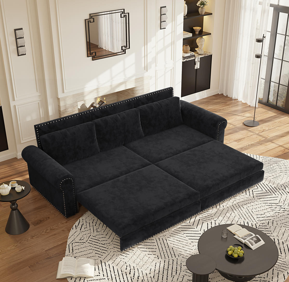 SCHLAFSOFA 3-in-1 ausziehbar mit Rollarmlehnen, DE-42865, Schwarz - Schwarz, Metall (238/98/90cm) - ComfortXL