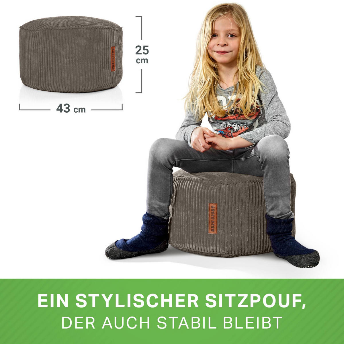 SITZSACK-HOCKER Pouf "Cord" 45x25cm - Anthrazit, Textil (45/25/45cm) - Green Bean