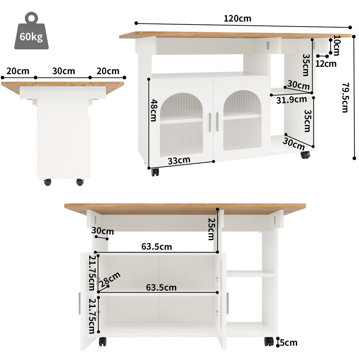 KÜCHENINSEL 120x70x79.5cm Weiß mit Klappplatte, Ablageflächen, Schränken & 5 Rollen - Weiß, Holzwerkstoff (120/79.5/70cm) - Modfu