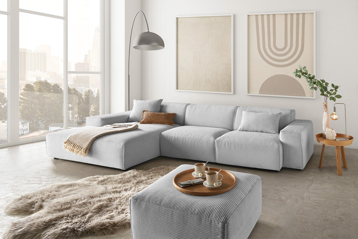 ECKSOFA RANI Hellgrau Cord - Hellgrau/Schwarz, Kunststoff/Textil (299/189cm) - KAWOLA