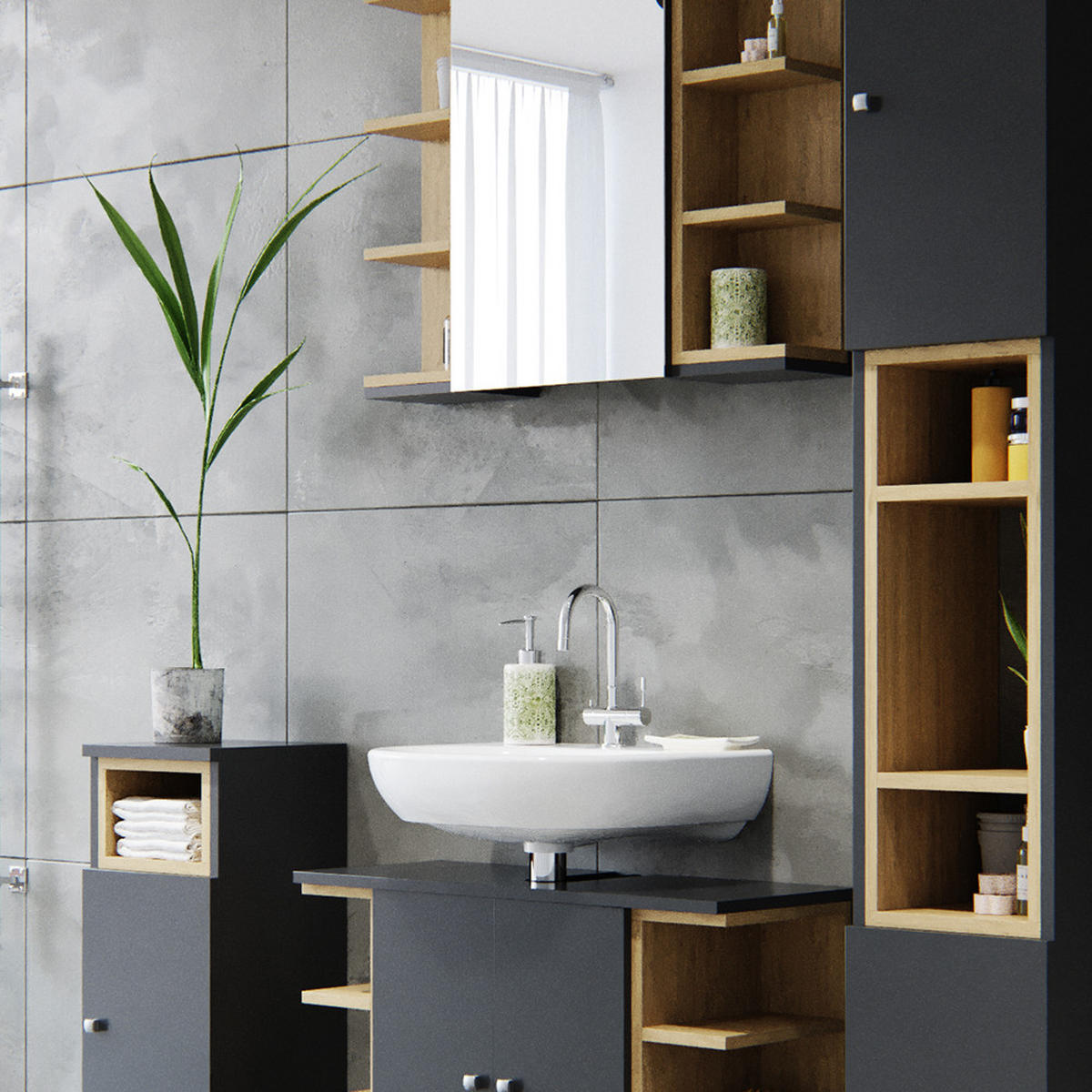 BADMÖBEL-SET Aquis Anthrazit 2 Teile - Anthrazit/Sonoma Eiche, Holzwerkstoff (79.6/64/32cm) - Vicco