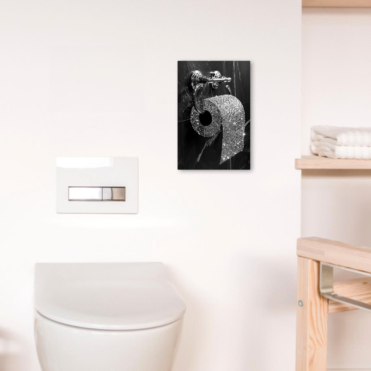 LEINWANDBILD WC - Toilettenpapier - Schwarz und weiß - Glitter 20x30 cm - Silberfarben, Textil (20/30cm) - MuchoWow