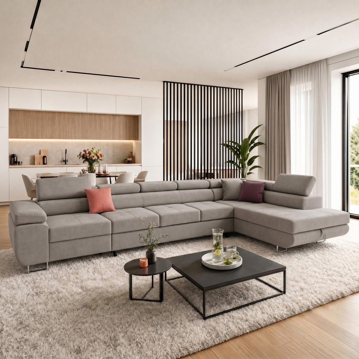 ECKSOFA WILD XXL Rechts mit Schlaffunktion 125x240 Velours Creme - Silberfarben/Creme, Holz/Textil (200/400cm) - Muffo