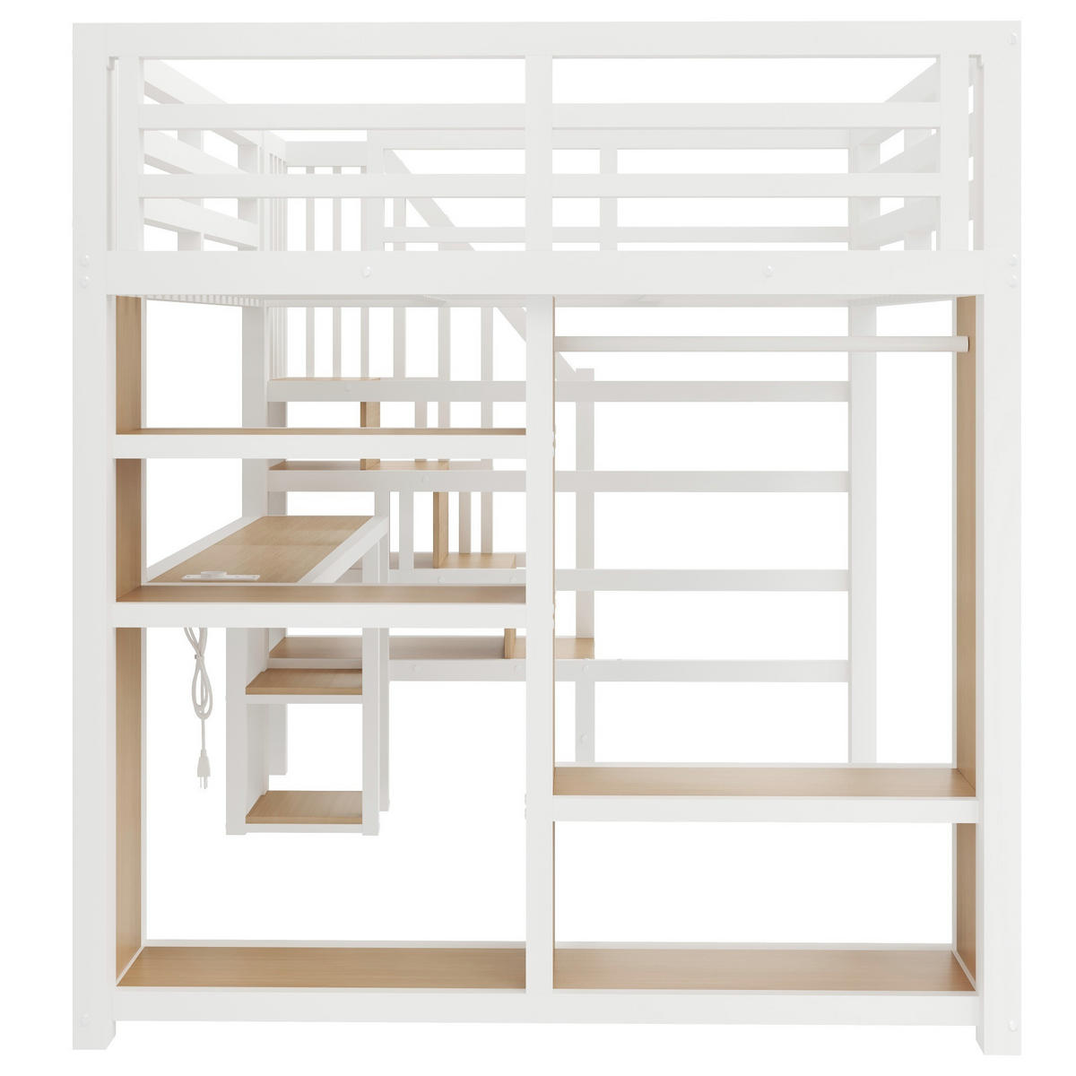 HOCHBETT 160/200 cm in Weiß mit Schreibtisch, Regal, offenem Kleiderschrank und Treppe aus Metall - Weiß, Metall (160/200cm) - STILVORA