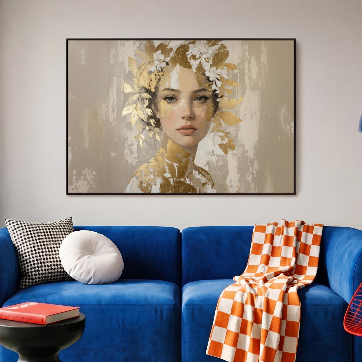 LEINWAND Bilder mit Rahmen - Gesicht - Frau - Blätter - Gold - 90x60 - Beige, Textil (90/60cm) - MuchoWow