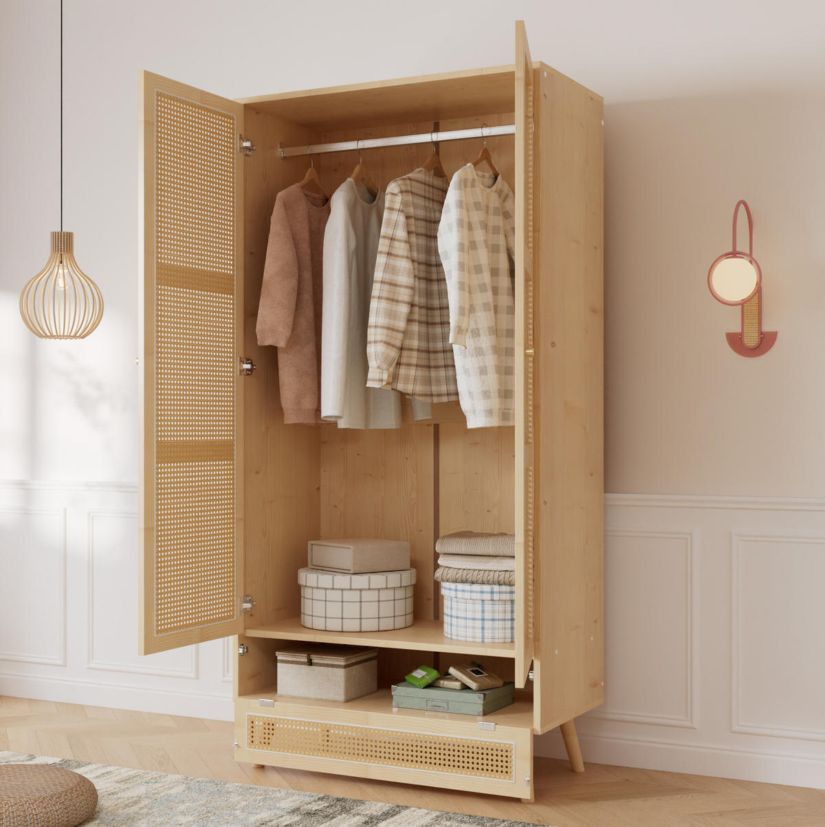 KLEIDERSCHRANK aus Spanplatte und PE-Rattan 90x45x183 cm Natur mit Kleiderstange und Flip-Top-Stauraum - Naturfarben, Holzwerkstoff (90/183/45cm) - Modfu