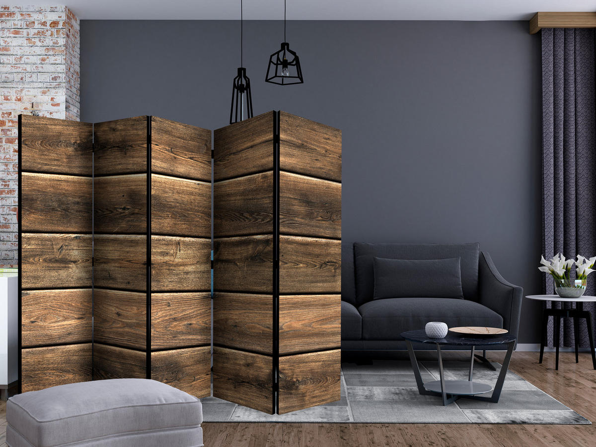 PARAVENT Beidseitig Bedruckter 5-tlg 225x172 cm Hölzerne Komposition - Braun, Holz/Textil (225/172/3cm) - Muralo