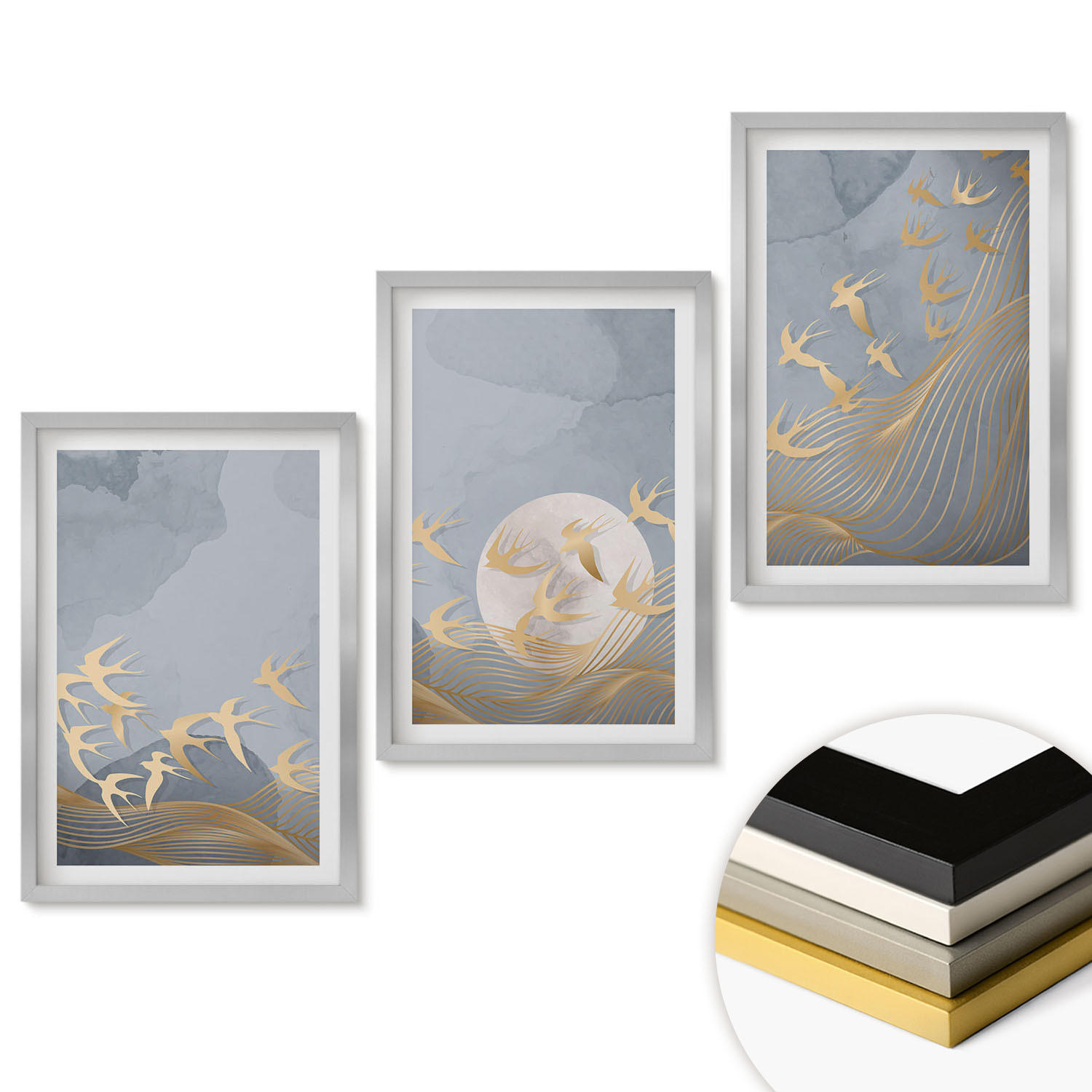 WANDBILDER 3er Set - 40x60 cm Silberner Rahmen - Vögel, die am Himmel fliegen - Silberfarben, Kunststoff (40/60cm) - ArtPrintCave