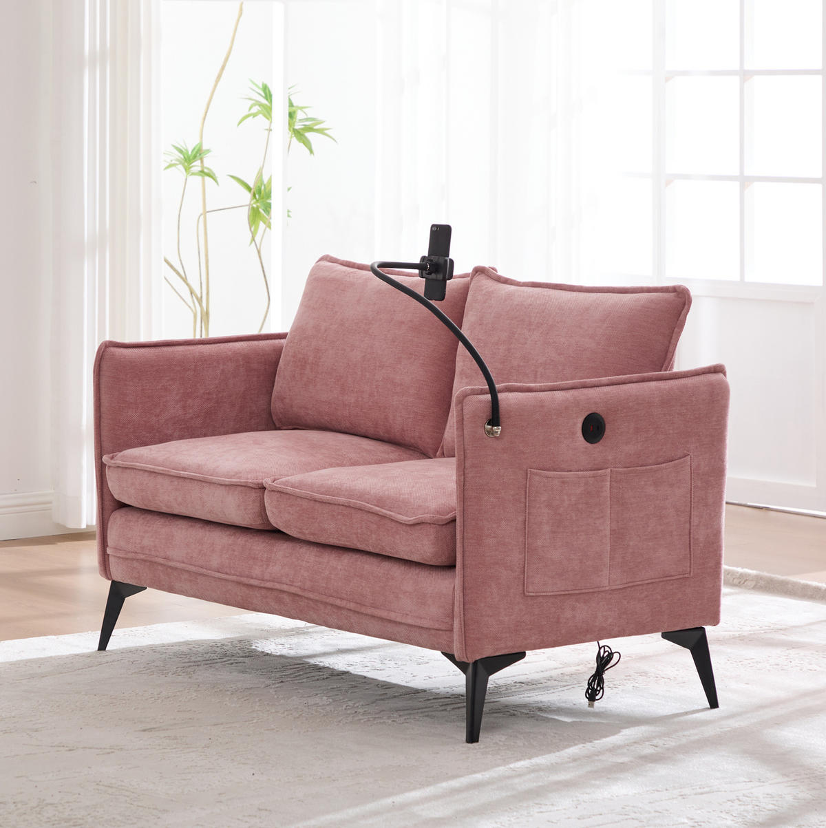 2-SITZER Sofa Chenille mit Handyhalter und Seitentaschen 127/69/66 cm Rosa - Rosa, Textil (66/127/69cm) - Redom