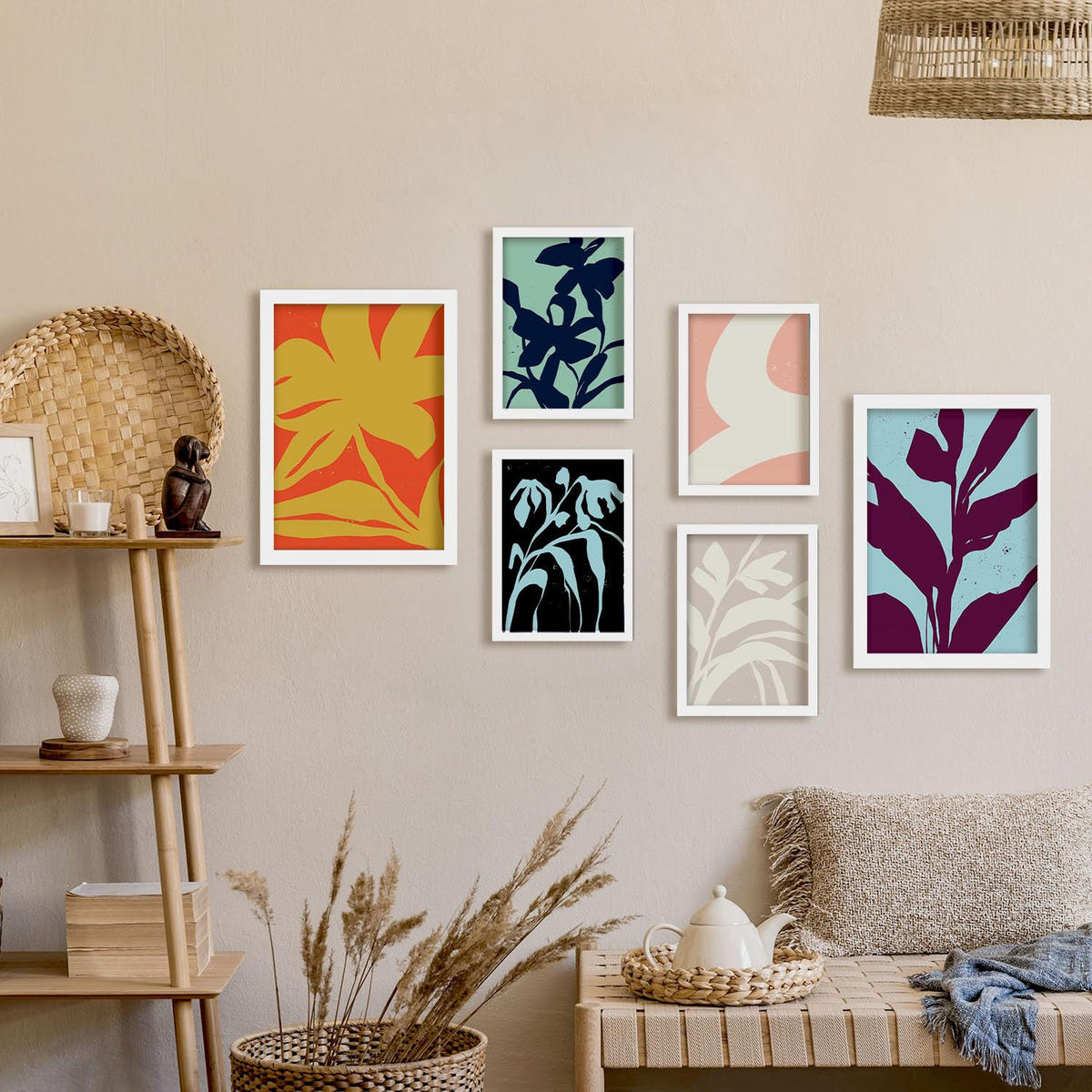 POSTER Set Mit 6 Streifenblätter In Blume Zusammenfassung Ästhetische Dekorative Gemälde Für Ihr Wohnzimmer Schlafzimmer Zuhause A3 & A4 Weißer Rahmen - Weiß, Papier (29/3cm) - Nacnic