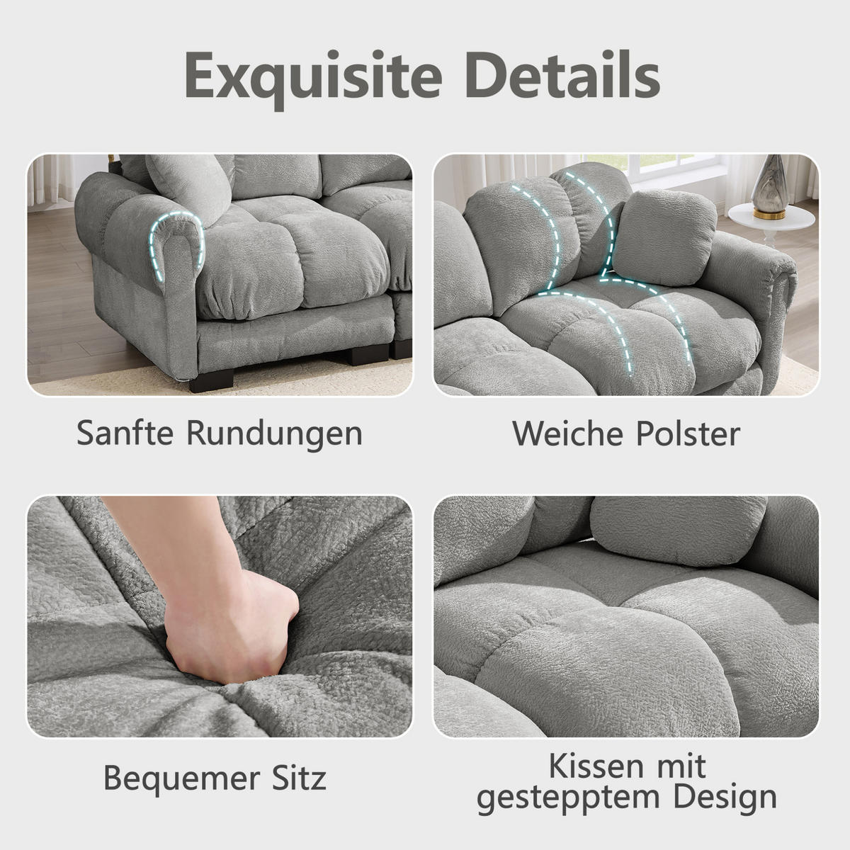SOFA 190/149/90 cm in Hellgrau aus Chenille mit flexibler Kombination - Hellgrau, Textil (149/90/190cm) - Flora Grace