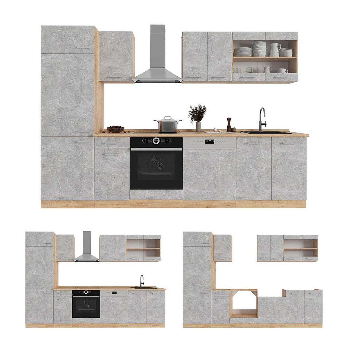 KUCHYŇSKÝ KOUT R-Line Beton/zlatý dub 300 cm bez pracovní desky - šedá/medově dubová, kompozitní dřevo (300/206.8/46cm) - Vicco