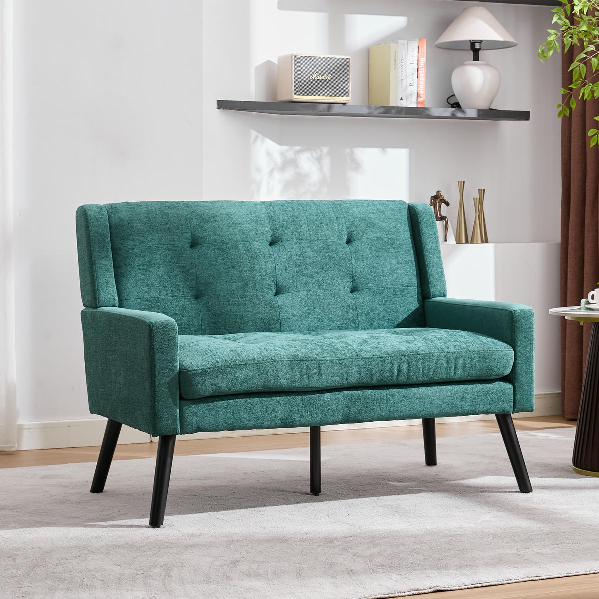 SITZBANK 2-Sitzer Leinenoptik mit Knopfheftung, Massivholzbeinen 119/75/88 cm Waldgrün - Waldgrün, Textil (75/88/119cm) - Redom