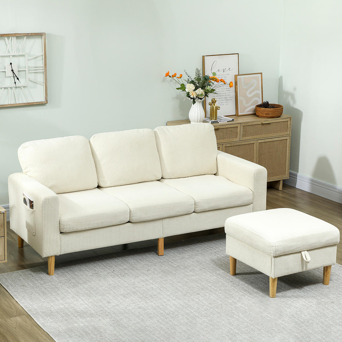 SOFA, 3-Sitzer, Cordbezug, Fußstütze, gepolstert, beige, 192x138x85cm - Multicolor, Holzwerkstoff (192/85/138cm) - FORIOUS