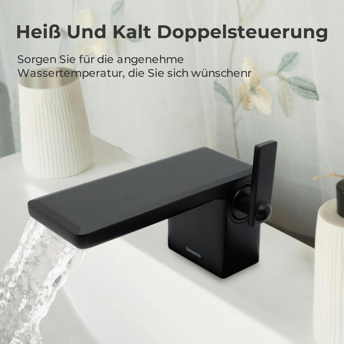 WASCHTISCHARMATUR Wasserfall Schwarz Matt Eckig - Schwarz, Metall (4.9/12.8/19cm)