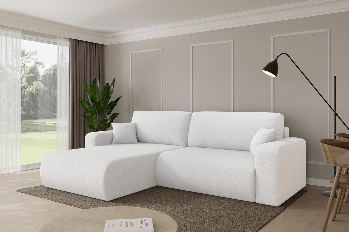 ROHOVÁ SEDAČKA s funkcí spaní, otoman vlevo BERY-L 276x193x88 bílá bouclé - bílá/černá, kompozitní dřevo/textil (276/193cm) - ALTDECOR