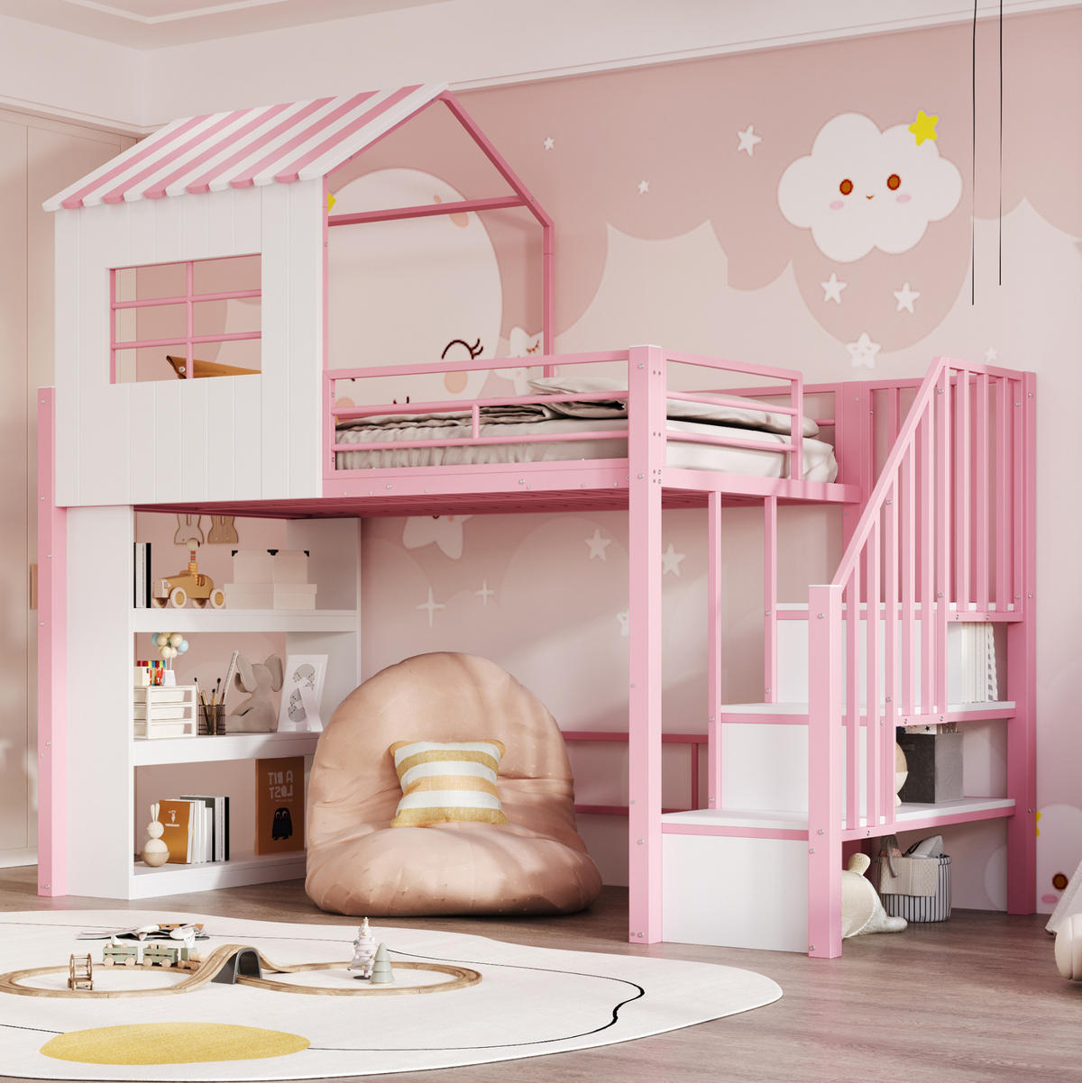 HOCHBETT aus MDF und Metall 90x200 cm Rosa mit Stauraumtreppe, Regal und viel Platz unter dem Bett - Pink, Holzwerkstoff (90/200cm) - Modfu