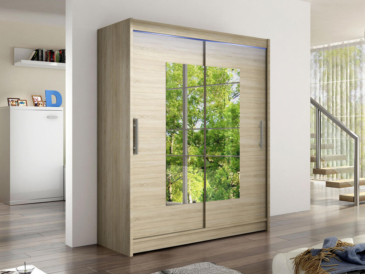 SCHWEBETÜRENSCHRANK Westa III, mit RGB LED Beleuchtung - Silberfarben/Sonoma Eiche, Holzwerkstoff/Metall (150/200/58cm) - MIRJAN24