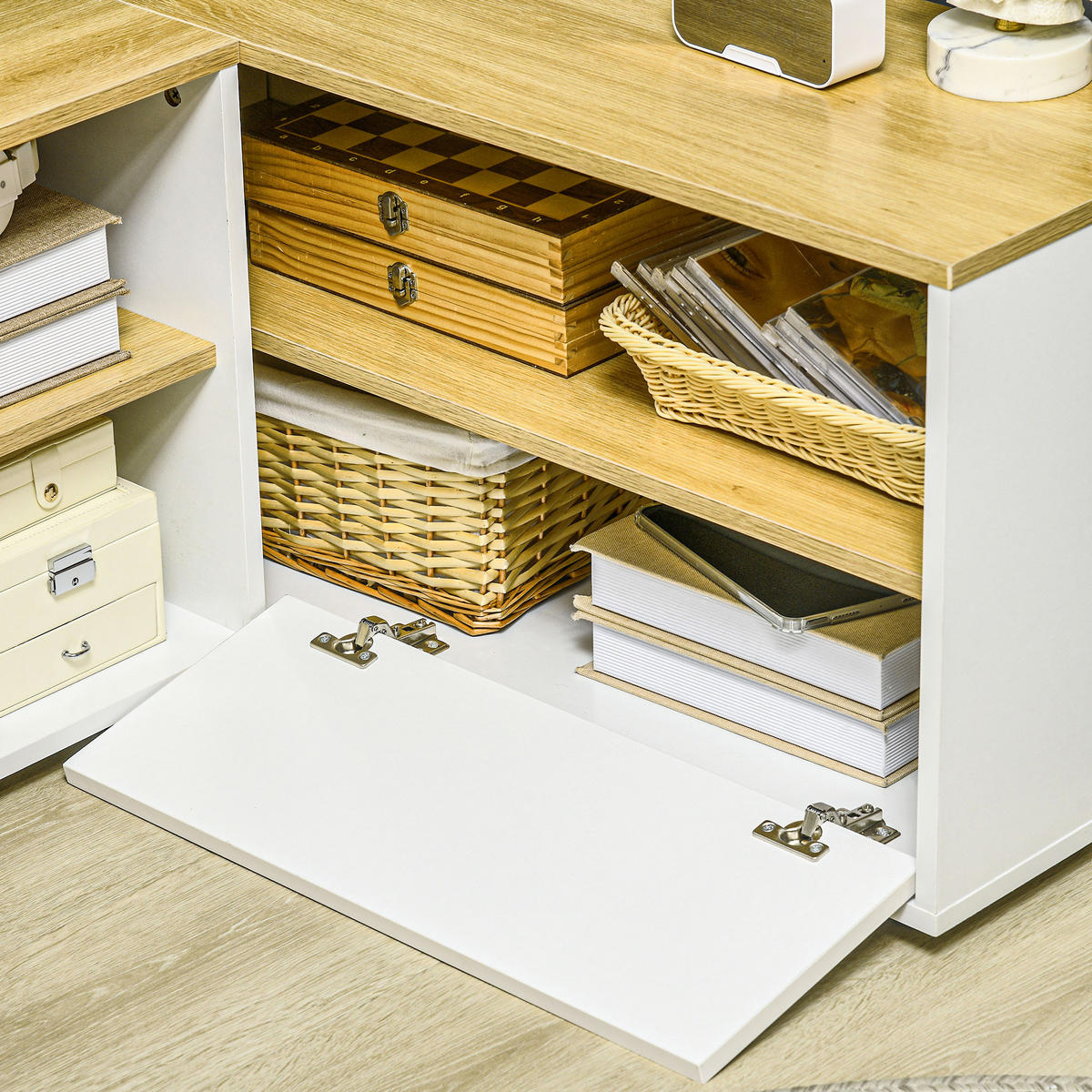 ECK-TV-LOWBOARD Hellbraun/Weiß 90/90/45 cm, Eckdesign, 2 Türen, 3 offene Fächer - Weiß, Holzwerkstoff (90/45/90cm) - PANGIVO