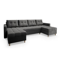 WOHNLANDSCHAFT MILO U Grau Plüsch-Stoff mit Schlaffunktion - Grau, Holz (285/91/140cm) - MASSENO