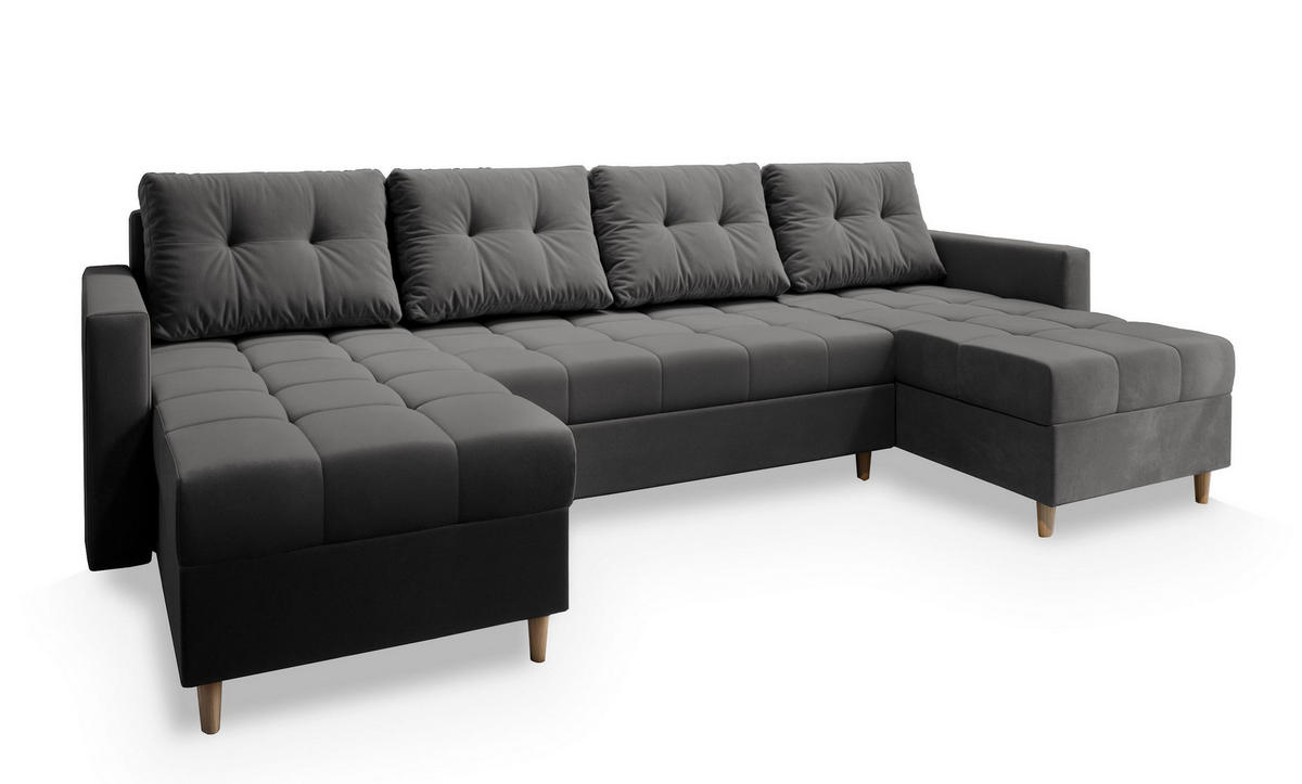 WOHNLANDSCHAFT MILO U Grau Plüsch-Stoff mit Schlaffunktion - Grau, Holz (285/91/140cm) - MASSENO