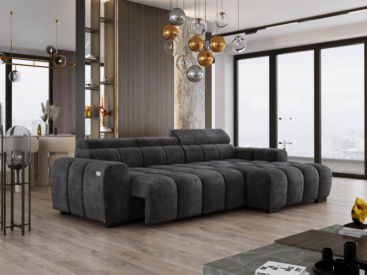 ECKSOFA OMBO 285x168x77/97 cm, Rechts, Schlaffunktion, elektr. Sitz, Kopfstützen, hydrophober EDEN-Stoff – Schwarz - Schwarz, Holz/Textil (285/168cm) - DomoHome