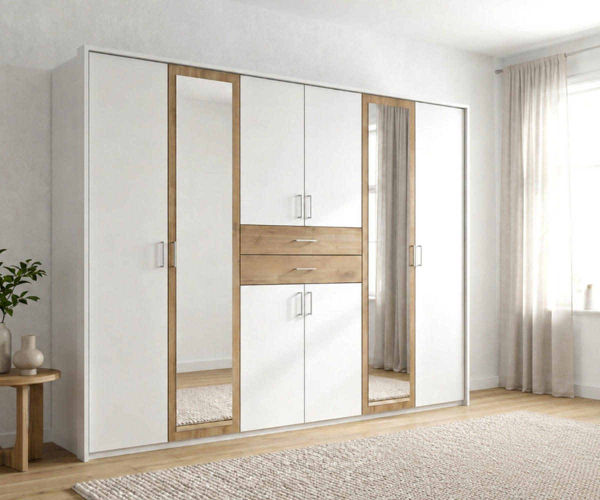 SKŘÍŇ S OTOČNÝMI DVEŘMI, 273 × 58 × 210 cm (Š×H×V), pasparta, zásuvky, 2 zrcadlové dveře, bílá/dekor dubu / 22602 - bílá/stříbrná, kompozitní dřevo/plast (273/210/58cm) - luma-home