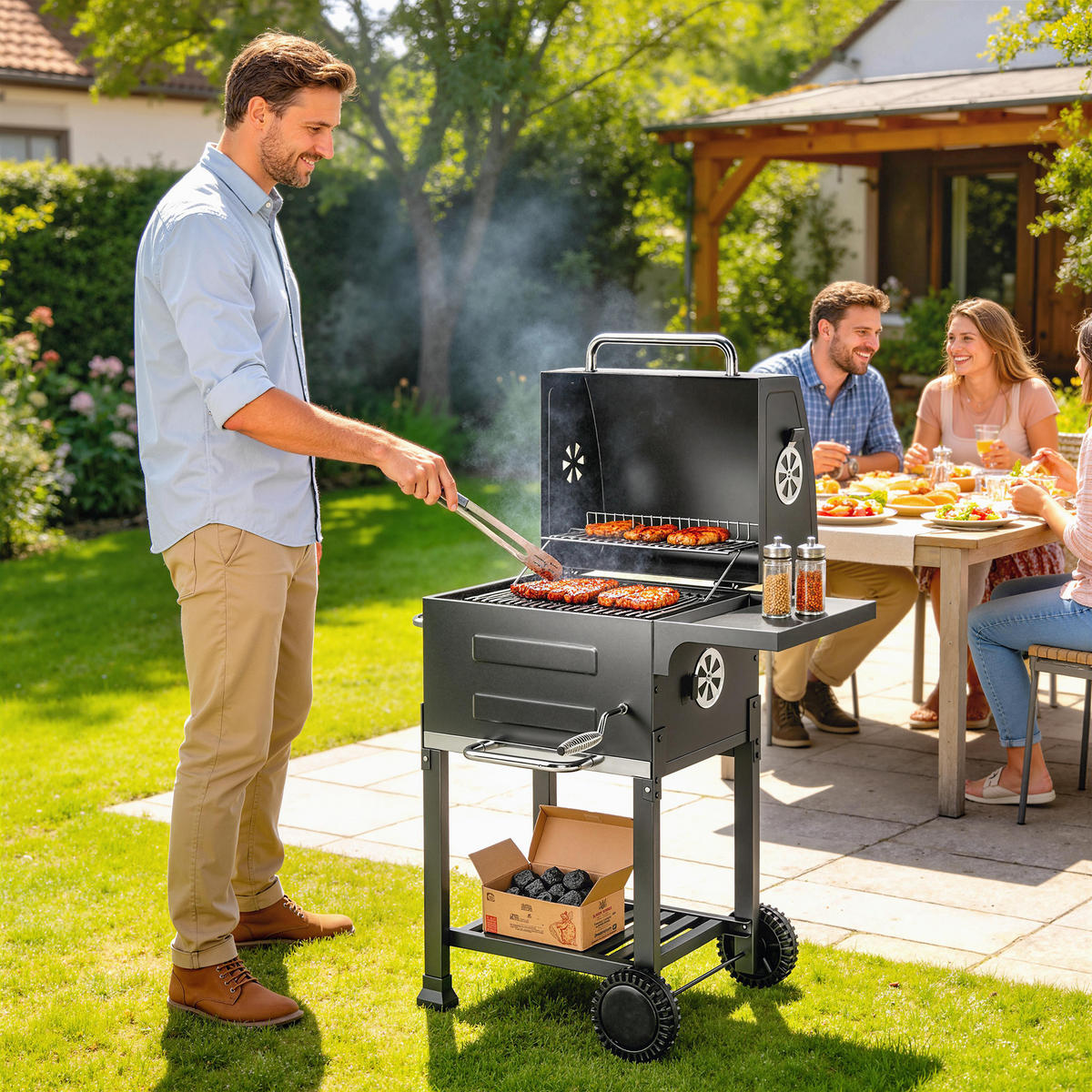 HOLZKOHLEGRILL DE-10244 kompakt mit Deckel und Thermometer Schwarz - Schwarz, Metall (59/94/75cm) - ComfortXL