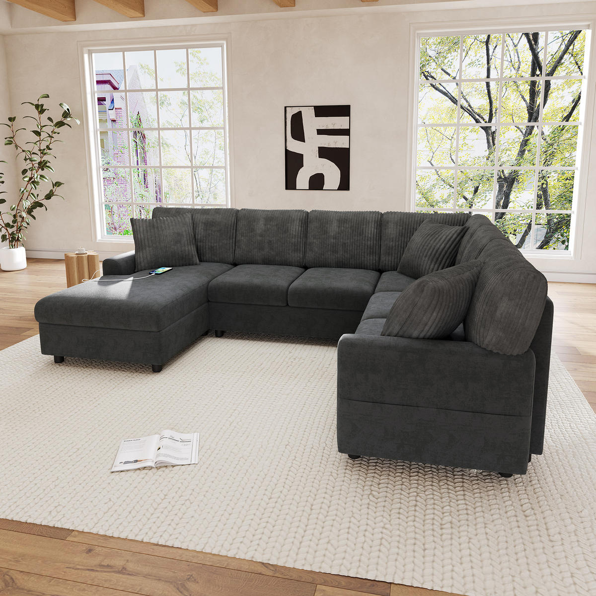 WOHNLANDSCHAFT mit Chaise longue, 3 Kissen, USB/Type-C in Grau - Schwarz, Textil (249/83/196cm) - EVRYAE