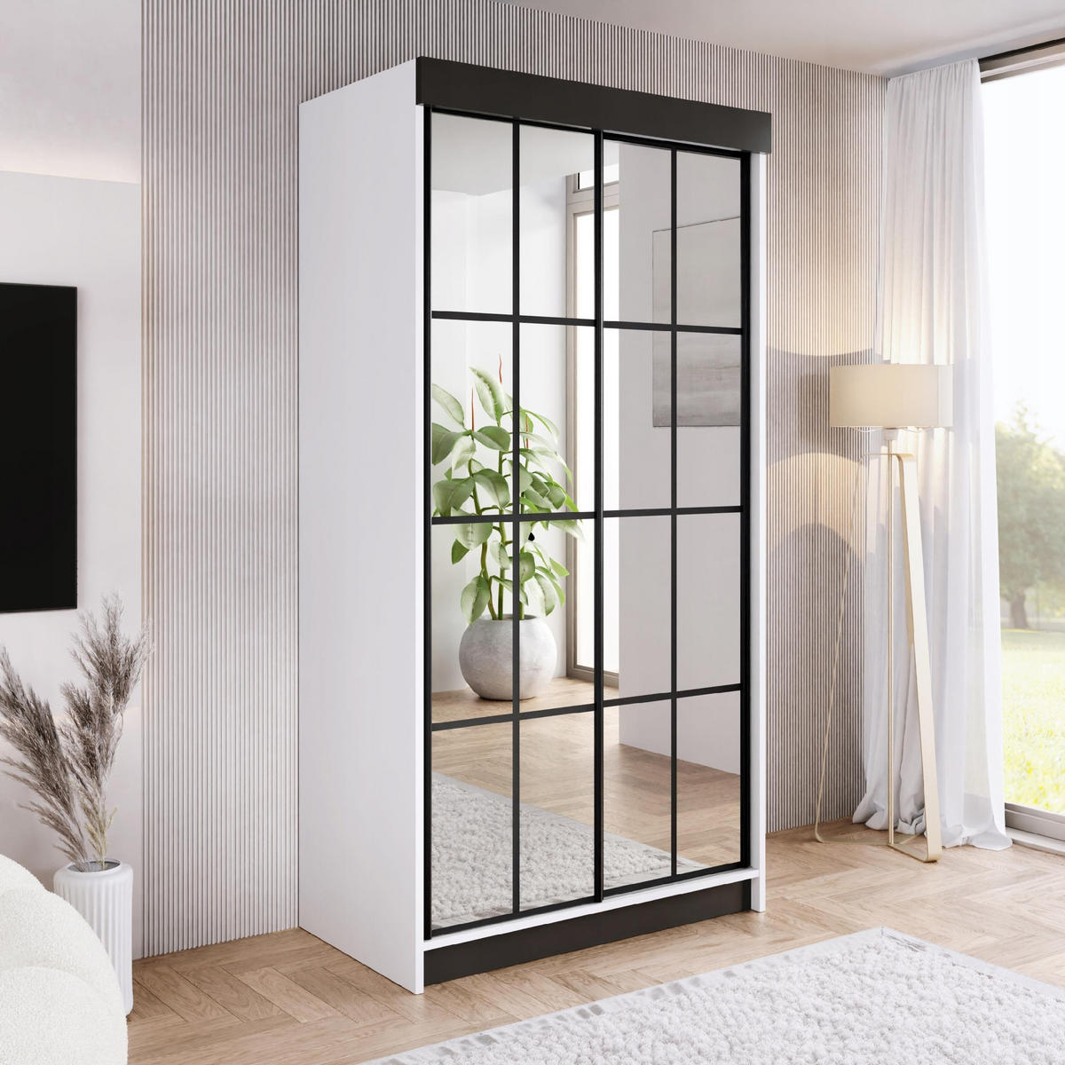 SCHIEBETÜRENSCHRANK ARI 2 mit Spigel 100 - Weiß - Schwarz/Weiß, Holzwerkstoff (100/200/62cm) - Kier Furniture