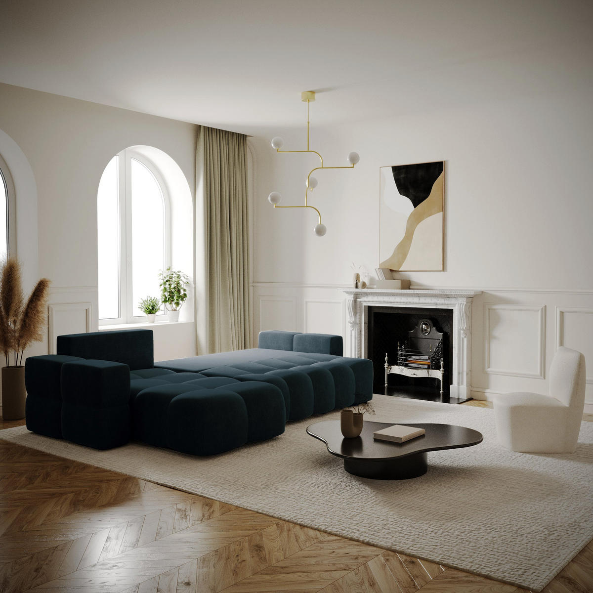 ECKSOFA LINKS Samt Pfauenblau 286cm - Blau/Hellblau, Textil (169/286cm) - Sia Home