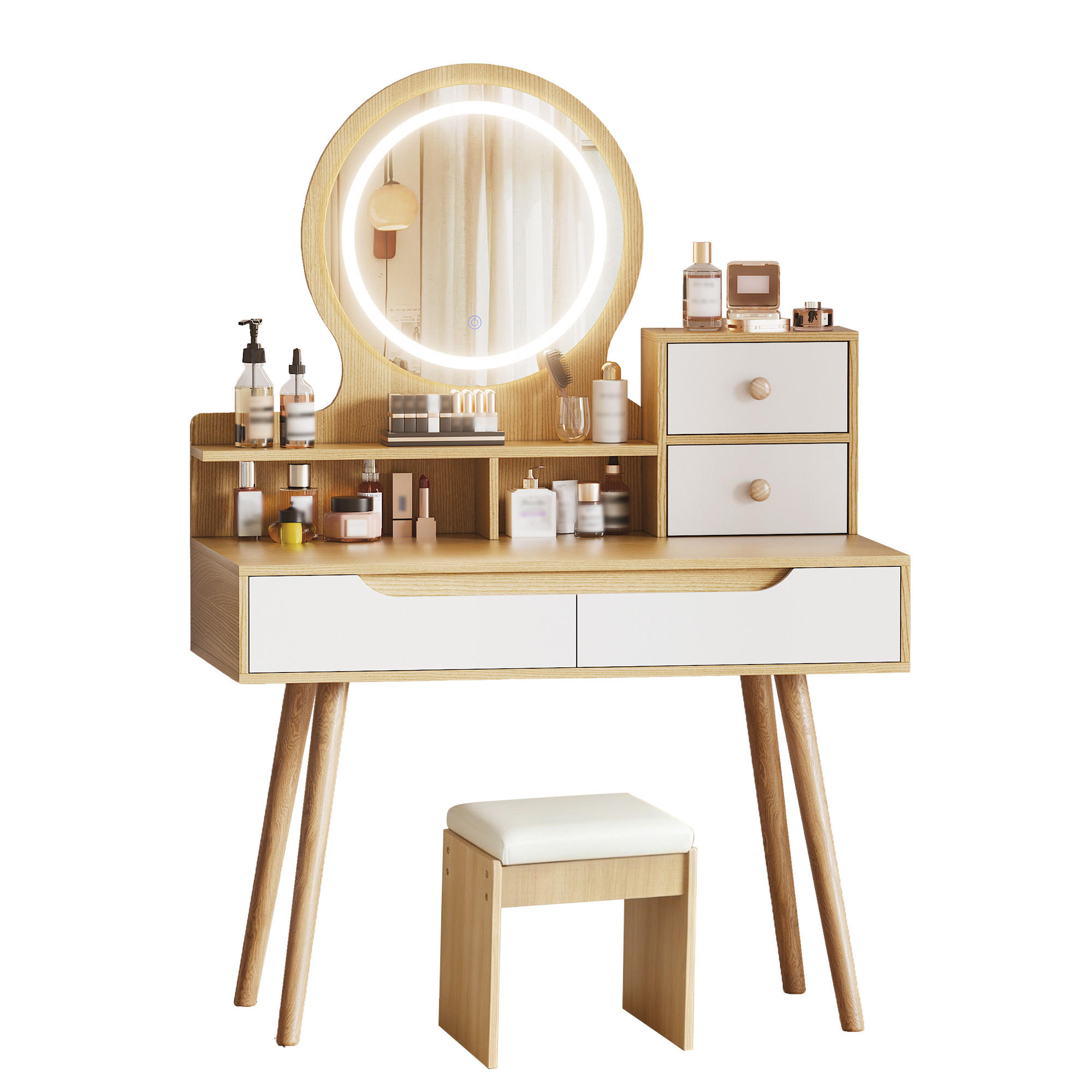 SCHMINKTISCH in Naturfarben Kosmetiktisch mit Polsterhocker, Spiegel und LED, für kleine Schlafzimmer, B80/H135/T40cm - Naturfarben, Holzwerkstoff (80/135/40cm) - STILVORA