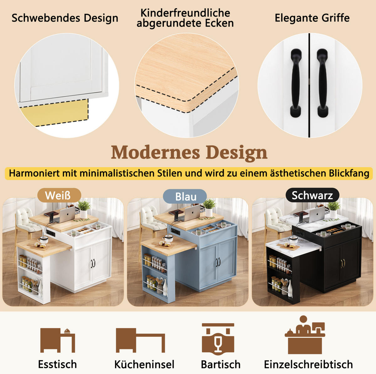KÜCHENINSEL 125,5-187,5/71/93 cm aus MDF mit ausziehbarer Tischplatte und LED-Beleuchtung Weiß - Weiß, Holzwerkstoff (125.5/93/71cm) - Modenvie