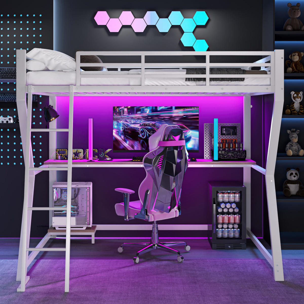 HOCHBETT 90/200 cm Weiß aus Metall und MDF mit Schreibtisch und LED-Beleuchtung - Weiß, Metall (90/200cm) - OKMYHOME