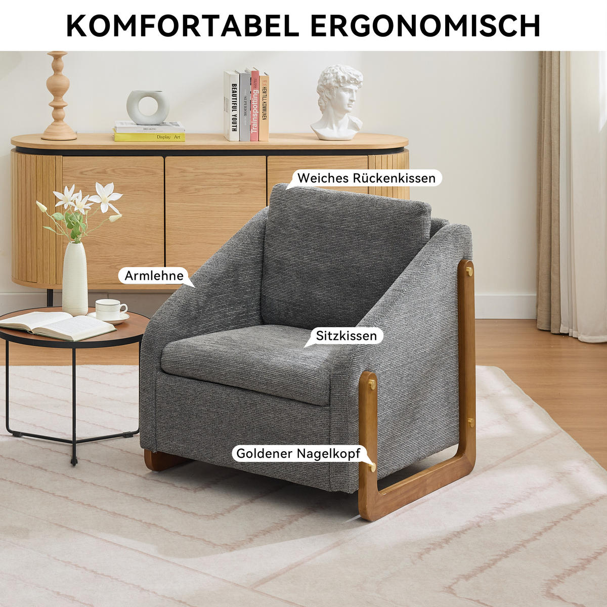 SESSEL mit Chenillebezug und Holzarmlehnen 73.5/73.5/73.5 cm Grau - Grau, Textil (73.5/73.5/73.5cm) - Redom