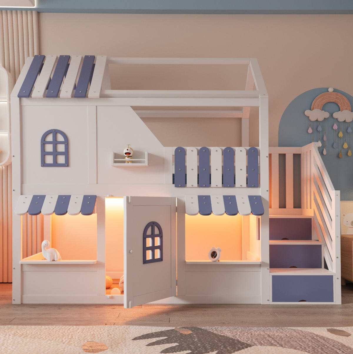 ETAGENBETT 90/200 cm weiß/blau aus Holz mit LED und Stauraum - Weiß, Holzwerkstoff (90/200cm) - OKWISH