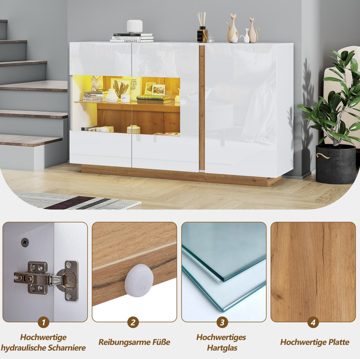 SIDEBOARD 138/38,5/90,5 cm in Weiß Hochglanz mit 3 Türen, Glas & LED - Weiß, Holzwerkstoff (138/90.5/38cm) - BEAOK