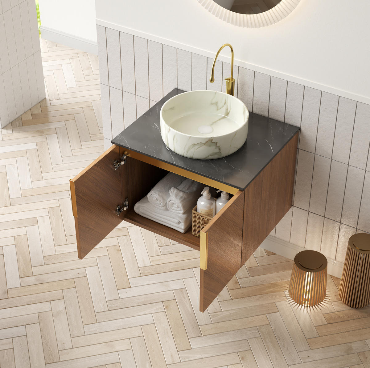 WASCHTISCH aus Keramik und Sinterstein 61x50x53,1 cm Schwarz/Braun-Eiche mit Stauraum und Soft-Close - Schwarz, Keramik (61/53.1/50cm) - Modfu