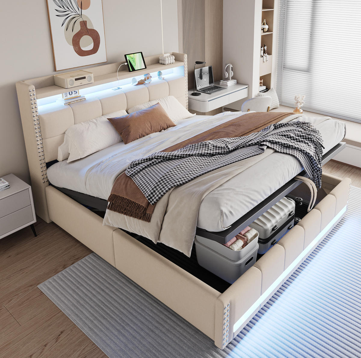 POLSTERBETT 180/200 cm Beige aus Leinenstoff mit LED-Beleuchtung und Stauraum - Beige, Textil (180/200cm) - OKMYHOME