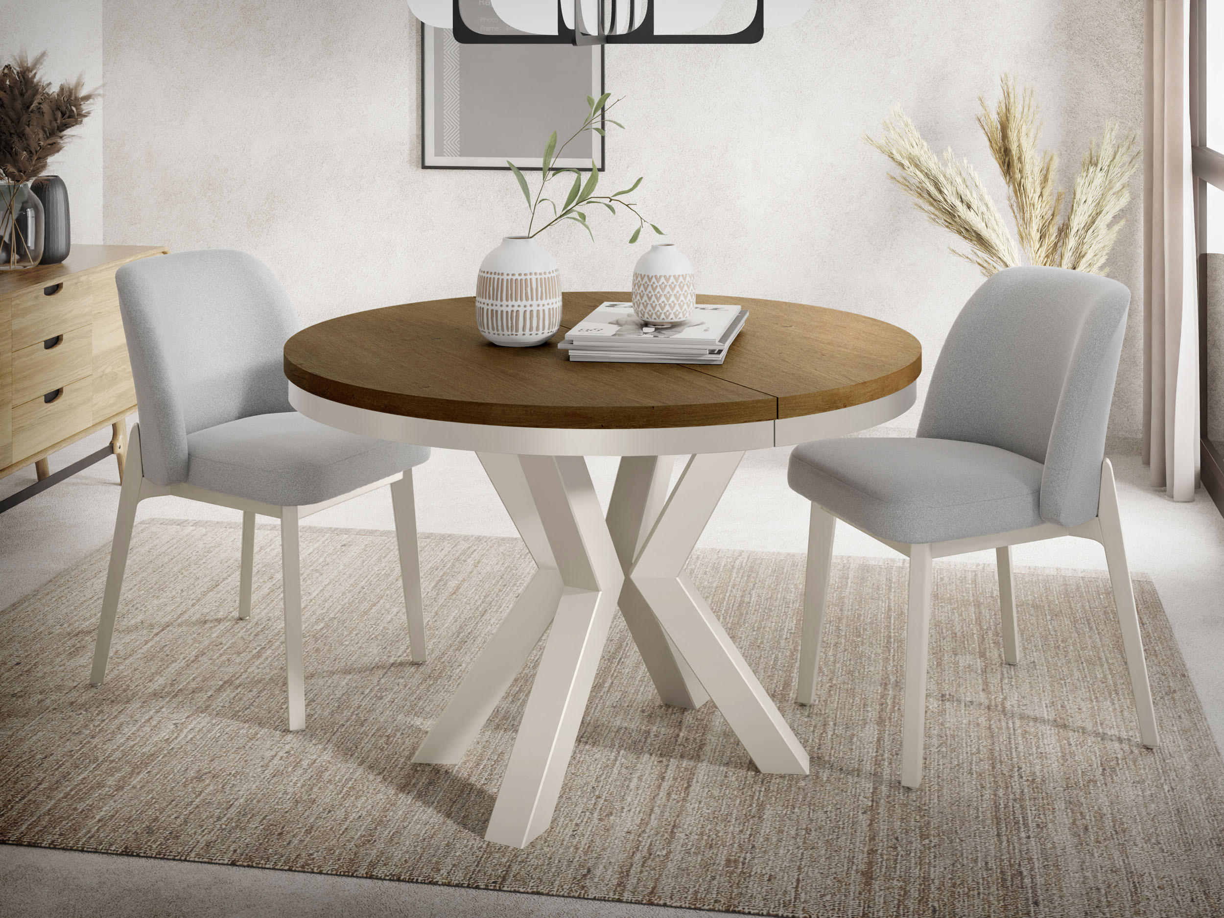 ESSTISCH Clara Beige Cashmere runder ausziehbarer, Lefkas Eiche 120-200/120/76 cm - Kaschmir/Alteiche, Holzwerkstoff/Metall (120/120/76cm) - WFL GROUP