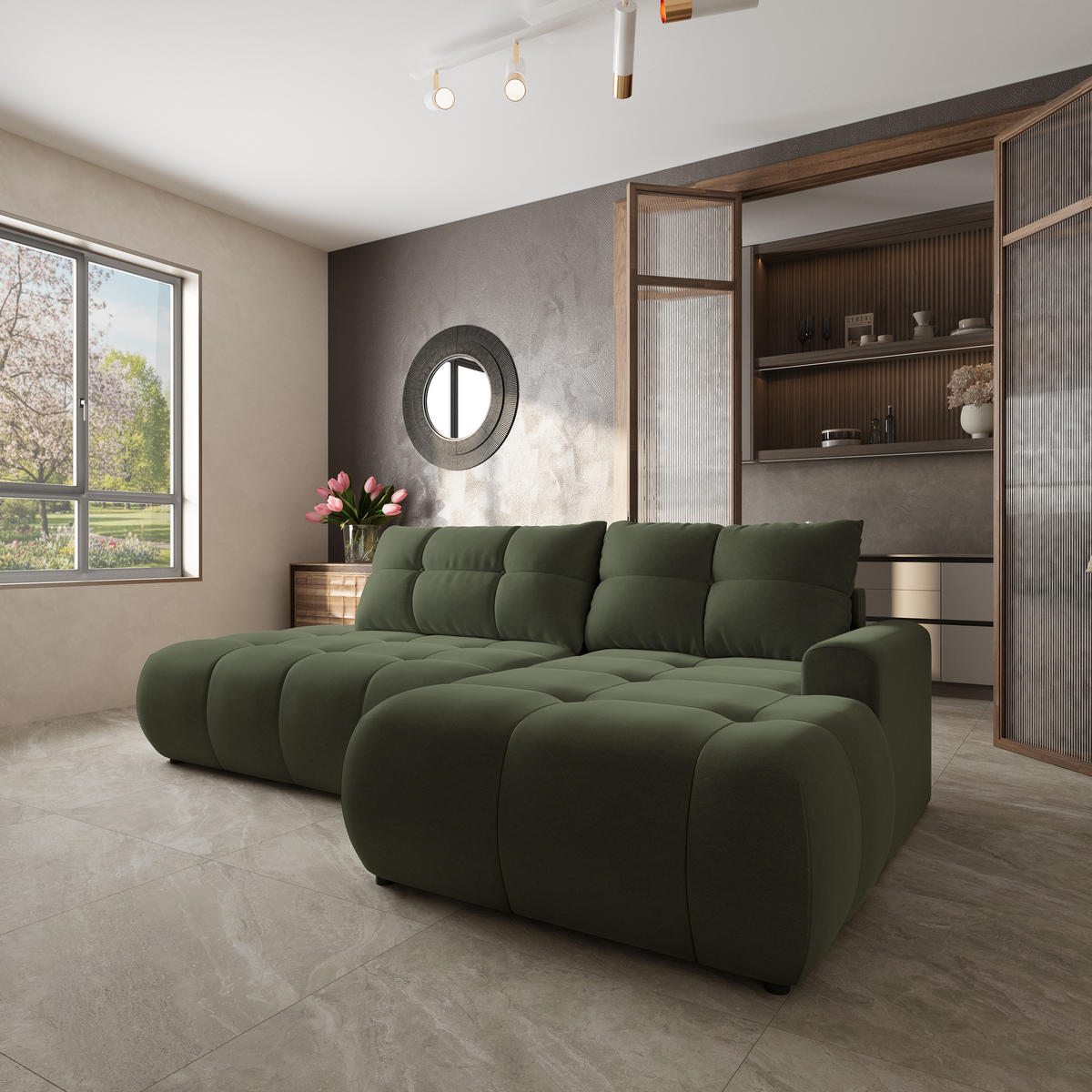 ECKSOFA FLUMA CL R-S Olivgrün Samtstoff mit Schlaffunktion - Olivgrün, Holzwerkstoff/Textil (279/158cm) - MASSENO