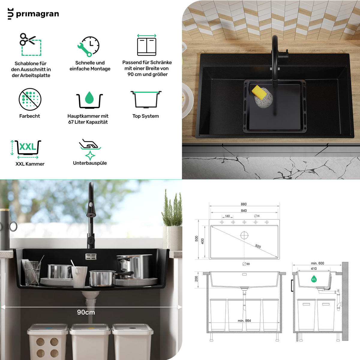 SPÜLBECKEN Oslo, 2-er set Weiß 88/50 cm 1 Becken + Ablauf-Set + Schneidebrett ab 90er Unterschrank - Chromfarben/Beige, Kunststoff (88/20/50cm) - Primagran