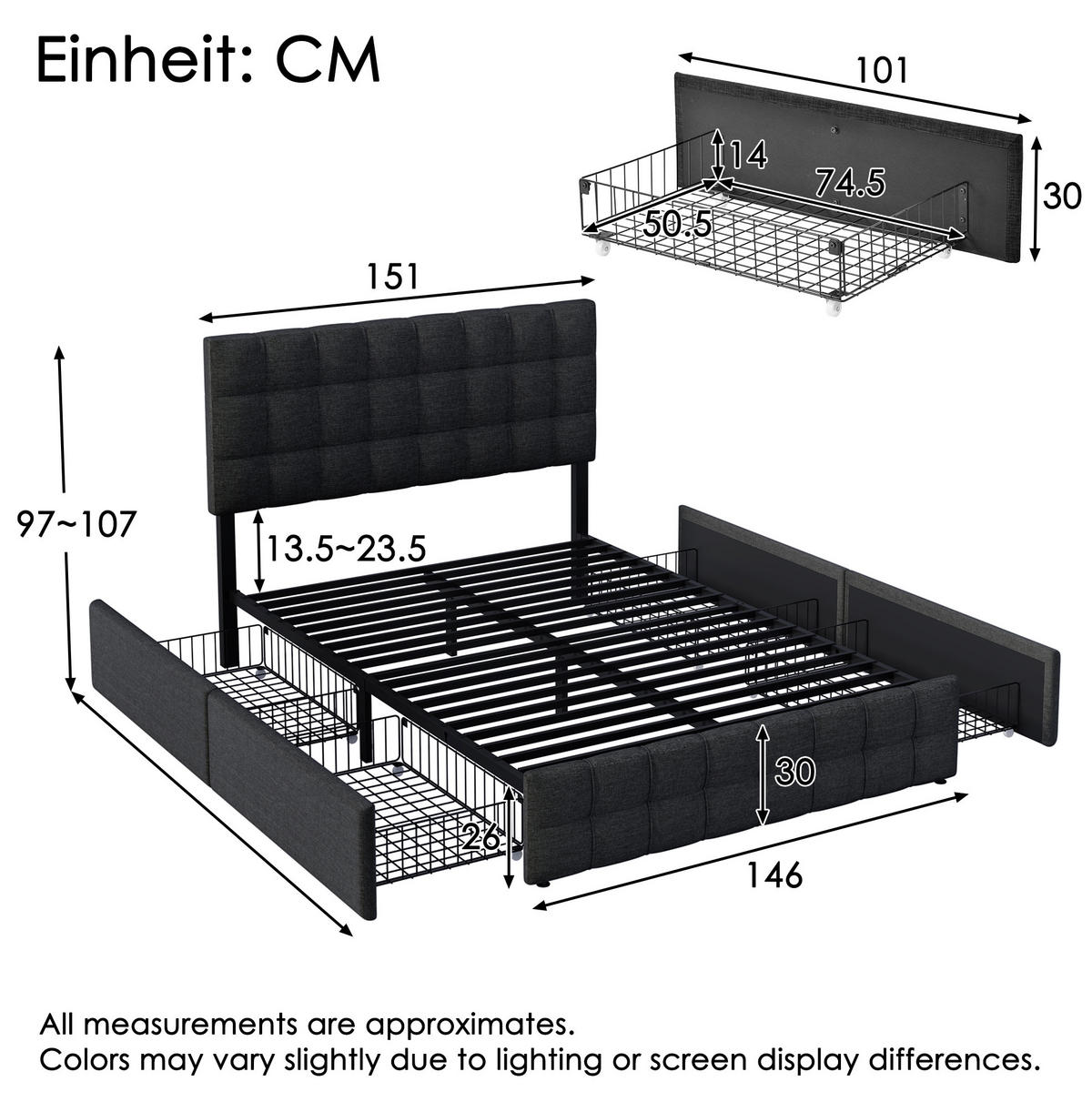 POLSTERBETT mit 4 Schubladen 140x200 cm Leinen Schwarz - Schwarz, Metall (140/200cm) - Meubliv