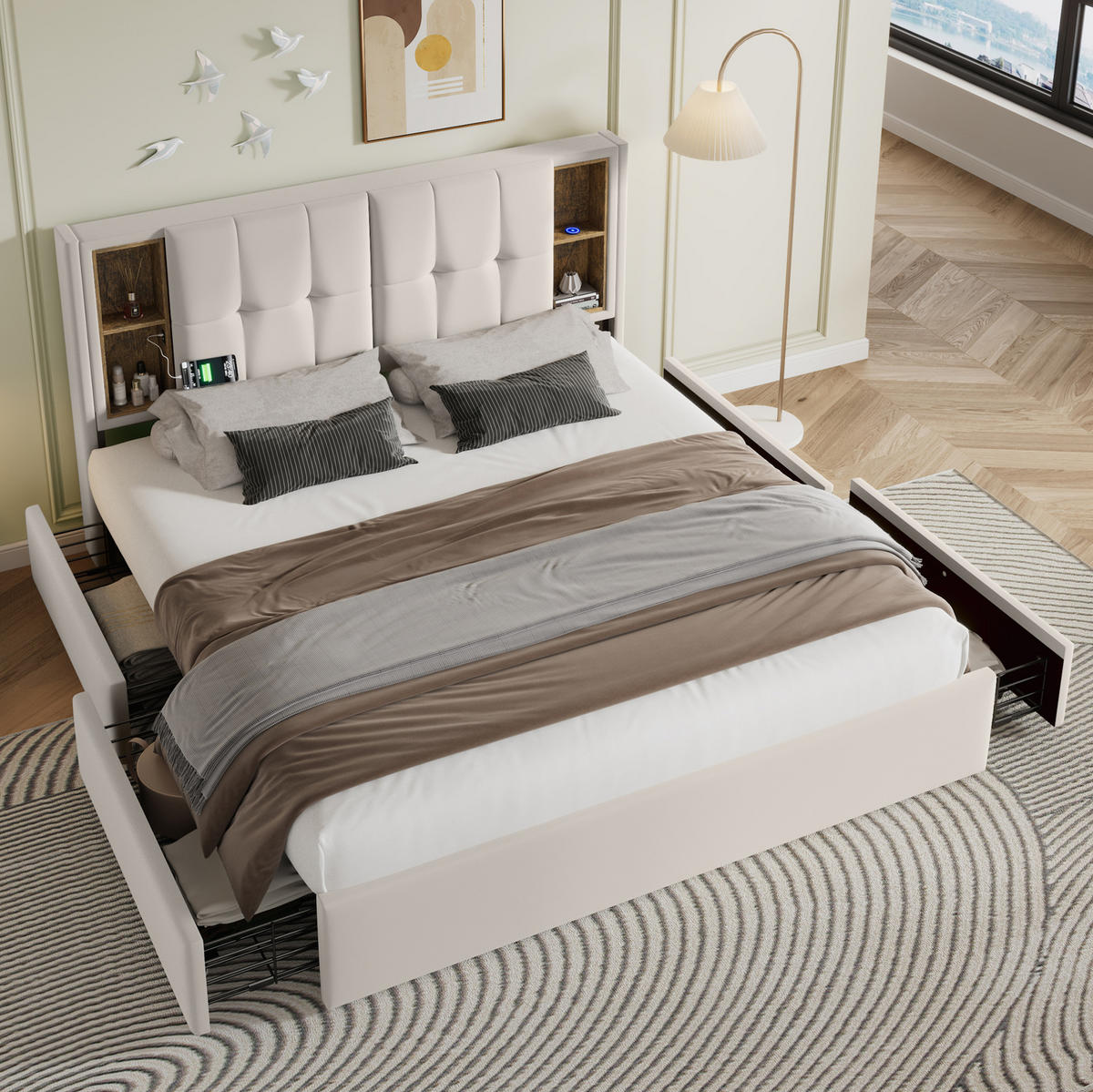 POLSTERBETT 160/200 cm Beiger Samt mit Kabellosem Laden und 4 Schubladen - Beige, Textil (160/200cm) - OKWISH