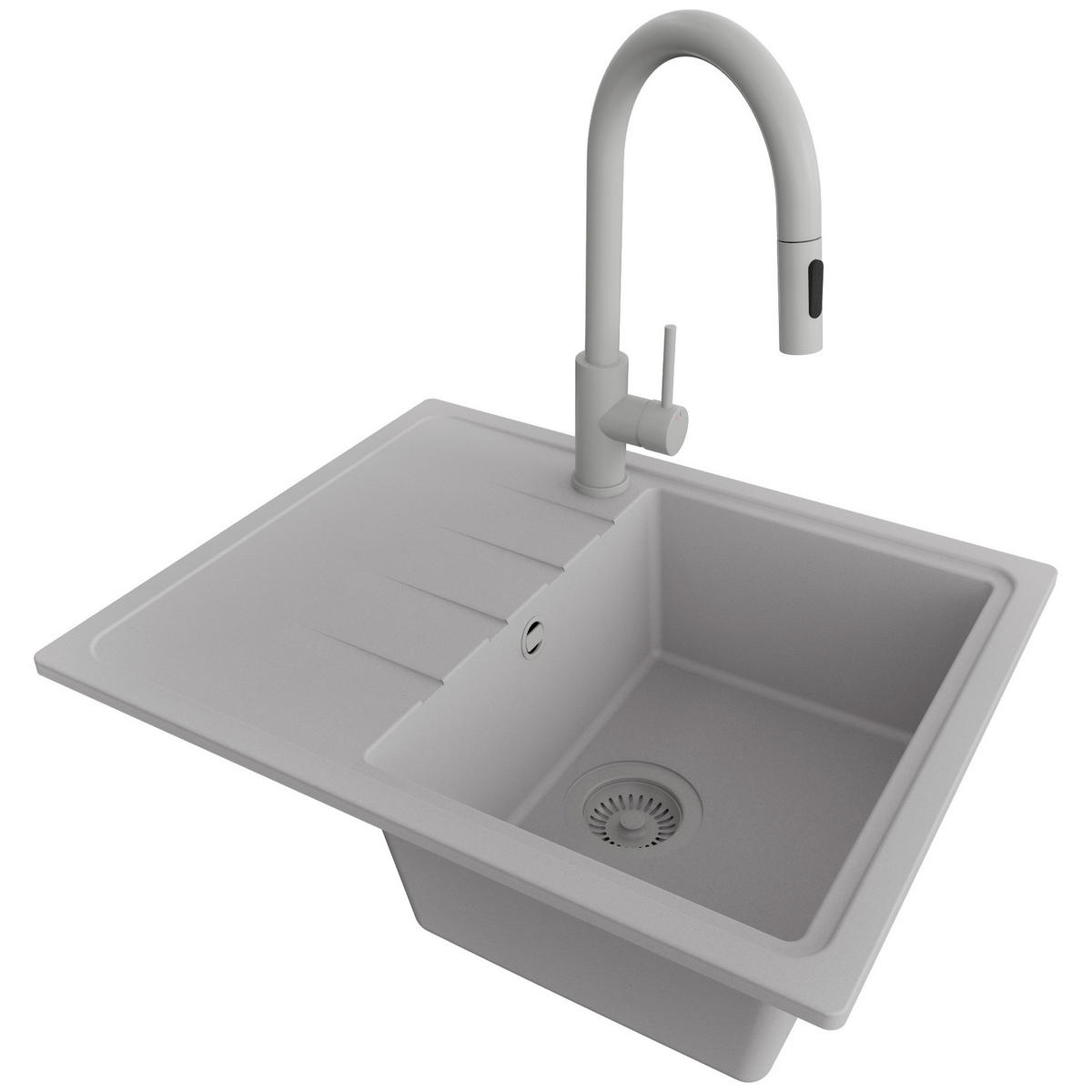 GRANITSPÜLE Mailand, 2-er set Grau 62/50 cm 1 Becken + Küchenarmatur 40/20 cm + Ablauf-Set ab 40er Unterschrank - Grau, Kunststoff (62/19/50cm) - Primagran