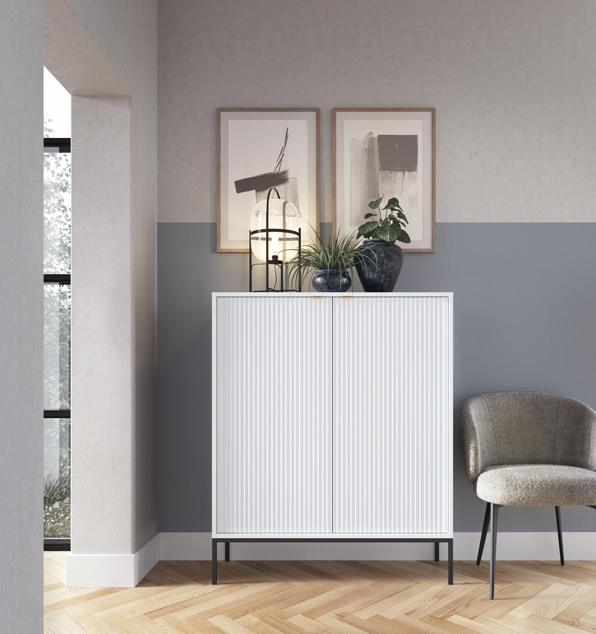 HOCHKOMMODE NOVA Geriffelt, 2-Türen, KOMMODE Schwarz, Schwarze Füße 104x39x cm Weiß - Schwarz/Weiß, Holzwerkstoff/Kunststoff (104/125/39cm) - DomoHome